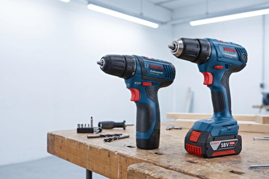 Crie uma imagem de capa profissional, realista e cinematográfica para o artigo “Bosch GSR 120-LI vs GSR 185-LI: Qual Escolher?”. Mostre dois profissionais de montagem e manutenção em uma espécie de “duelo” amistoso, cada um utilizando uma das ferramentas da comparação. Os dois devem estar trabalhando em lados opostos da mesma oficina, transmitindo visualmente a ideia de dois profissionais “rivais” comparando suas ferramentas, mas sem agressividade. No lado esquerdo, um profissional utilizando exatamente uma Bosch GSR 120-LI real, montando uma peça de móvel de MDF/MDP. No lado direito, outro profissional utilizando exatamente uma Bosch GSR 185-LI real, realizando uma tarefa mais pesada em uma bancada de madeira. As duas ferramentas devem estar claramente visíveis e em uso, sendo os principais elementos da composição. Utilize os modelos reais Bosch GSR 120-LI e Bosch GSR 185-LI, preservando fielmente design, formato, proporções, empunhadura, mandril, gatilho, detalhes e cores originais de cada modelo. Não misturar características entre as ferramentas e não substituir nenhuma delas por modelos genéricos. A GSR 120-LI deve utilizar a bateria compacta Bosch Professional 12V, curta, pequena e proporcional à ferramenta, encaixada diretamente na base da empunhadura. Não utilizar bateria grande e retangular de ferramentas 18V/20V. A GSR 185-LI deve utilizar sua configuração real com bateria Bosch Professional 18V, mantendo suas proporções originais. Os dois profissionais devem parecer experientes, vestidos com roupas de trabalho profissionais, cada um concentrado em sua tarefa, mas posicionados de maneira que a cena passe a sensação de uma disputa profissional entre duas ferramentas. Um pode olhar discretamente para o outro, criando uma narrativa visual de “qual delas vai levar a melhor?”, sem poses exageradas. Ambiente: oficina profissional fechada e moderna, paredes em branco-gelo, sem janelas e sem luz solar. Iluminação exclusivamente artificial com luzes LED brancas industriais. Bancadas de madeira, móveis de MDF, ferramentas e acessórios discretamente ao fundo. Atmosfera profissional e realista. Composição horizontal cinematográfica, os dois profissionais ocupando lados opostos e as duas Bosch claramente destacadas no primeiro plano. Criar profundidade de campo, fundo levemente desfocado e iluminação naturalista. Deixar uma área relativamente limpa no centro superior/esquerdo para posterior inserção do título. Fotografia comercial extremamente realista, aparência de fotografia profissional, alta definição, materiais e pele naturais, proporções humanas realistas, 16:9. Não adicionar texto, preço, estrelas, avaliações, selos, números, setas, gráficos, marcas d’água ou elementos de interface. Não adicionar outras parafusadeiras em destaque. Não utilizar ferramentas genéricas ou modelos de outras marcas.
