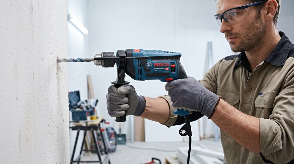 Bosch GSB 13 RE sendo utilizada em uma parede