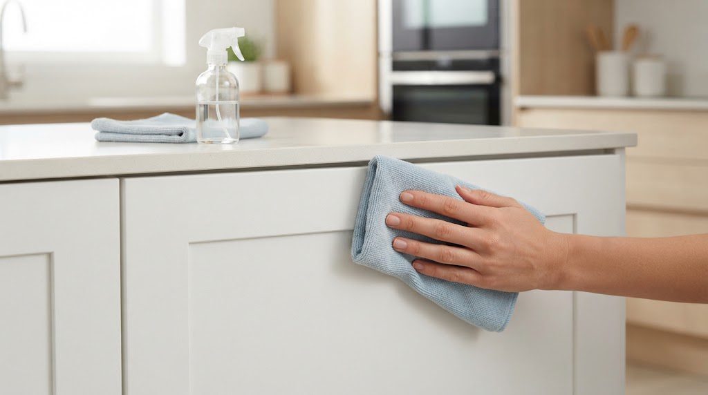 Limpeza de móvel de MDF branco com pano macio