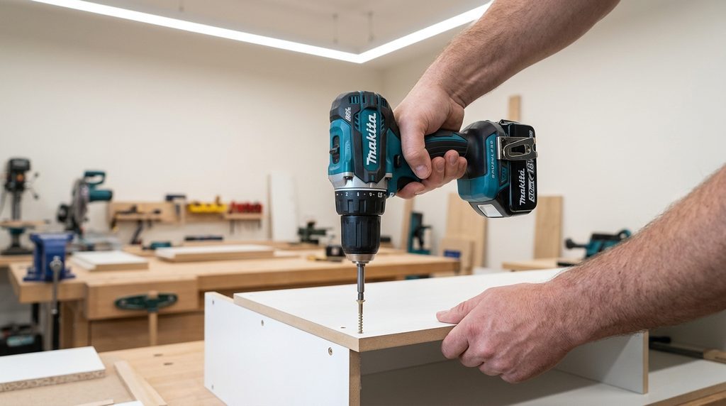 Parafusadeira Makita 18V utilizada na montagem de móveis
