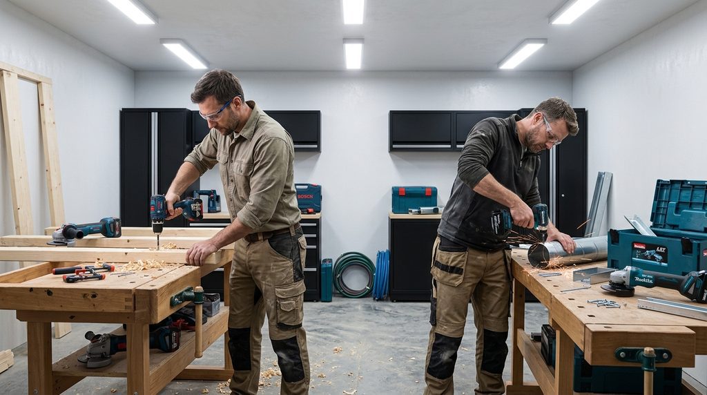 Profissionais utilizando ferramentas Bosch e Makita em uma oficina