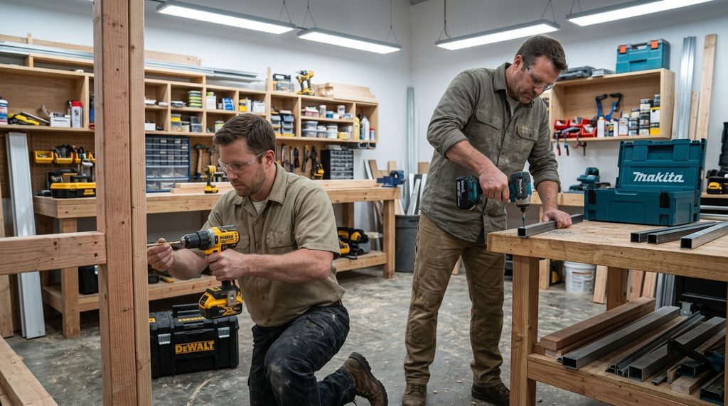 Profissionais utilizando ferramentas DeWalt e Makita em uma oficina