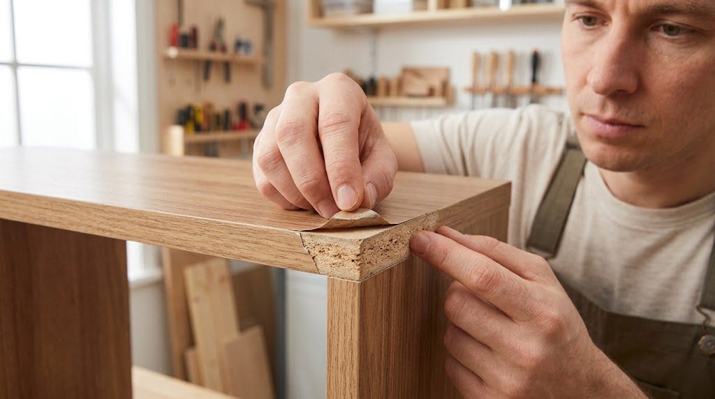 Inspeção de uma área de revestimento solto em uma prateleira de MDF antes do reparo.