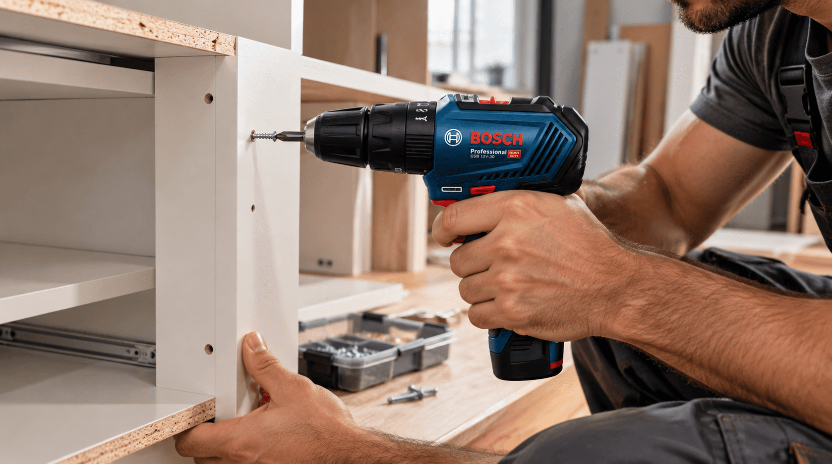 Bosch GSB 12V-30 usada na montagem de móvel de MDF.