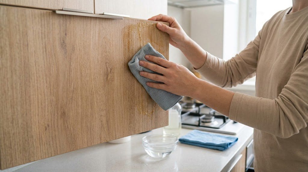 Pessoa removendo gordura de um armário de cozinha com pano macio e solução de detergente neutro.