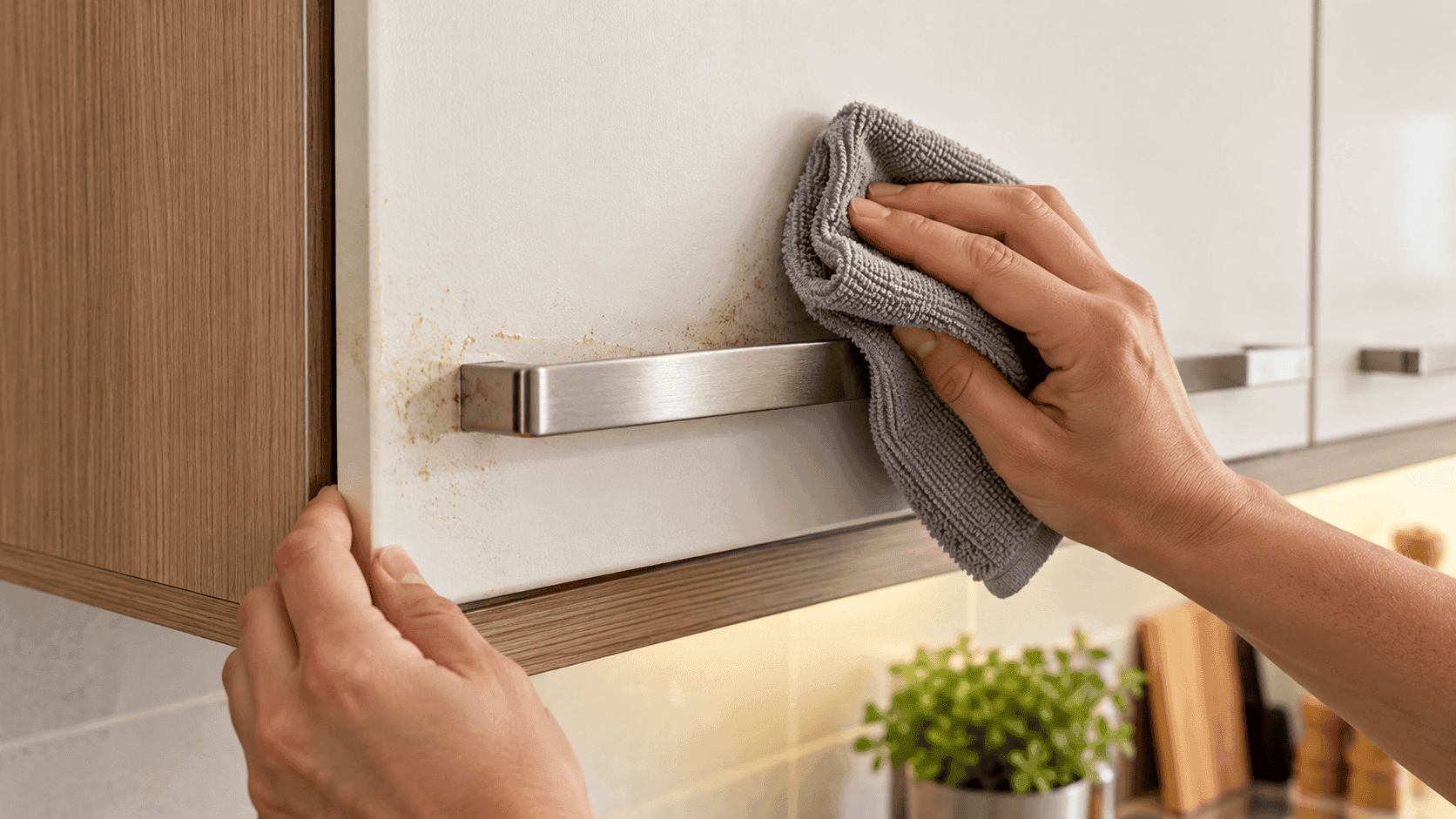Limpeza de gordura ao redor do puxador e nos cantos de uma porta de armário de cozinha.
