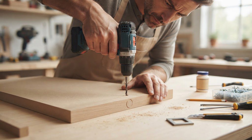Fazer novo furo-guia após reparar furo de parafuso no MDF