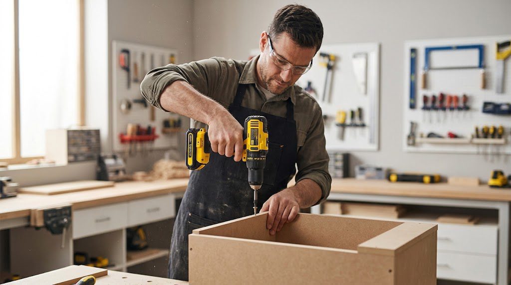 Parafusadeira Stanley SCD701 sendo utilizada na montagem de um móvel de MDF.